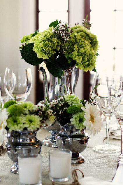  hydrangeas and gerber daisies The table setting at a bridal shower is a 