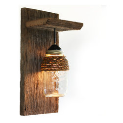 Barn Wood Mason Jar Light Fixture, With Rope Detail - This light fixture is made from reclaimed ...