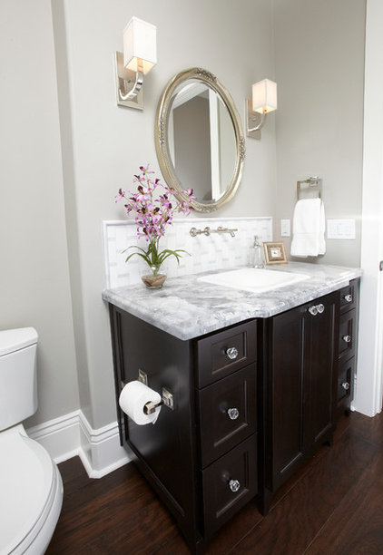transitional powder room by Fautt Homes Corp