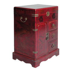 Golden Lotus - Asian Red Leather Flower Birds Nightstands End Table ...