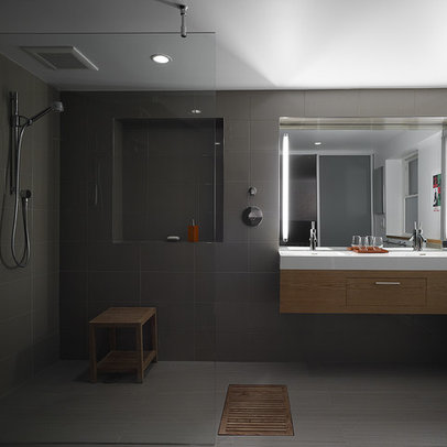 Floating Bathroom Vanity On Bathroom Concept With Teak Drainage Mat At