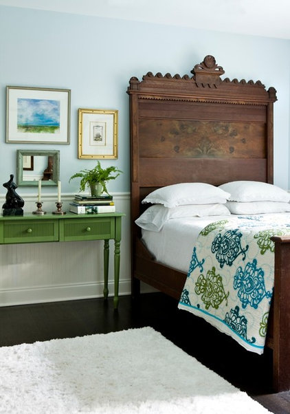Green credenza left of brown wood grain twin bed. contemporary bedroom by Erica George Dines Photography