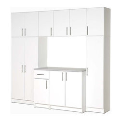 Prepac - Elite 8-Pc Cabinet Storage Set in White - Have your own workspace with lots of storage too when you purchase this eight cabinet Elite unit. It's white with contemporary hardware and adjustable shelves. 89 inches high, 96 inches wide and 24 inches deep. Imagine how efficiently you can organize your garage with this attractive cabinet storage system that comes in a fresh white finish. Storage will no longer be an issue with this large storage system with pantry, overhead storage, and cabinets. * Includes two 32 in. stackable wall cabinets, 16 in. stackable wall cabinets, one 32 in. storage cabinet, 16 in. base cabinet, 32 in. base cabinet and 16 in. broom cabinet. Storage cabinet with 1 in. thick durable melamine work surface. Two adjustable shelves and one fixed shelf. 16 in. base cabinet with heavy duty drawer with metal sides. One adjustable shelf. 32 in. base cabinet with one adjustable shelf. 16 in. broom cabinet with two adjustable shelves. 32 in. stackable wall cabinet with one adjustable shelf. 16 in. stackable wall cabinet with one adjustable shelf. Stylish brushed metal handles. Door with high quality European-style 6-way adjustable hinges that mount to open left or right. MDF door and drawer front with profiled rounded edges. Durable laminate finish. CARB-compliant. Warranty: Five years limited. Made from laminated composite woods with a sturdy MDF backer. Made in North America. Assembly required. 32 in. storage cabinet: 32 in. W x 16 in. D x 65 in. H. 16 in. base cabinet: 16 in. W x 24 in. D x 36 in. H. 32 in. base cabinet: 32 in. W x 24 in. D x 36 in. H. 16 in. broom cabinet: 16 in. W x 16 in. D x 65 in. H. 32 in. stackable wall cabinet: 32 in. W x 16 in. D x 24 in. H. 16 in. stackable wall cabinet: 16 in. W x 16 in. D x 24 in. H