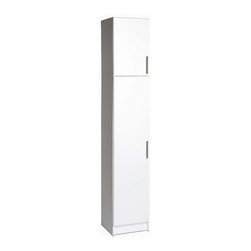 Prepac - Elite Broom Cabinet Set in White - A broom cabinet with a top cabinet provides storage in a thin tall space. White cabinets have silver colored hardware and adjustable shelves that make them more versatile. Soft edged doors and European hinges add style and durability. Hide brooms, mops, cleaning products, or anything else you need to stow away with this handy pantry style broom cabinet. Store your outdoor workrooms or household cleaning items in this versatile broom cabinet with overhead storage. * Includes 16 in. broom cabinet and 16 in. stackable wall cabinet. 16 in. broom cabinet with two adjustable shelves. 16 in. stackable wall cabinet with one adjustable shelf. Stylish brushed metal handles. Door with high quality European-style 6-way adjustable hinges that mount to open left or right. MDF door and drawer front with profiled rounded edges. Durable laminate finish. CARB-compliant. Warranty: Five years limited. Made from laminated composite woods with a sturdy MDF backer. Made in North America. Assembly required. 16 in. broom cabinet: 16 in. W x 16 in. D x 65 in. H. 16 in. stackable wall cabinet: 16 in. W x 16 in. D x 24 in. H