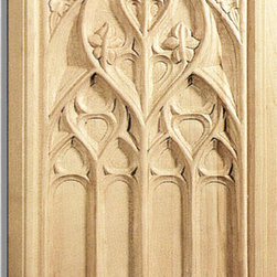 Inviting Home - Gothic Door Panel - cherry wood - Door panel in cherry wood; 13-1/2"W X 21-1/4"H x 1-1/16"D Wood panels are hand carved from premium selected hardwoods: hard maple cherry and white oak. Panels are carved in deep relief design to achieve the highest degree of quality and details. Carved wood panels are triple sanded ready to accept stain or paint. These wood panels are perfect for wall applications cabinet doors finishing touches on the custom cabinets.