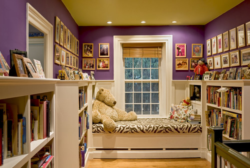 Window seat/reading nook at end of stair hallway traditional hall