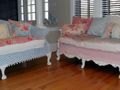 shabby chic sofas slipcovered with vintage chenille bedspreads and roses fabrics eclectic living room