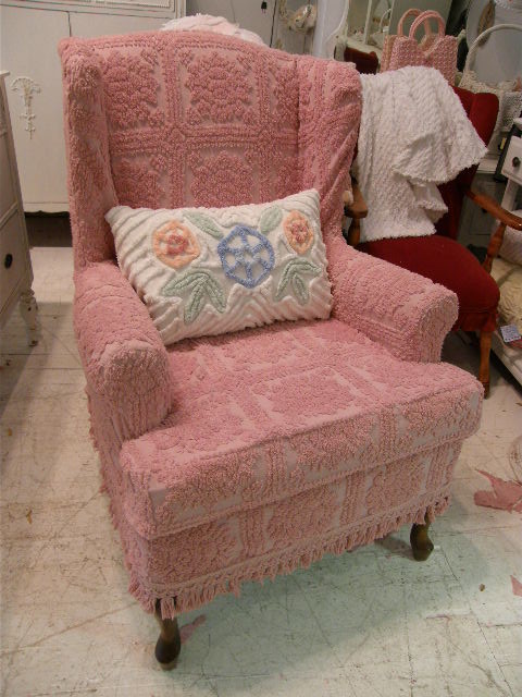 shabby chic wingback chair slipcovered with pink vintage chenille bedspread fabr eclectic living room