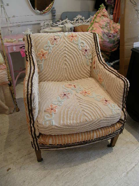 antique chair slipcovered with a deco vintage chenille bedspread eclectic living room