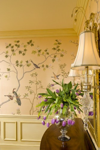 Hand-painted silk wallcovering traditional dining room