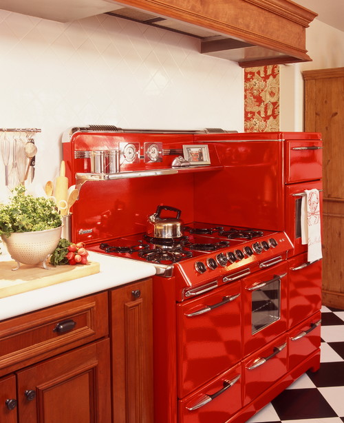 1947 OKeefe & Merritt Town and Country stove required a custom exhaust hood traditional kitchen