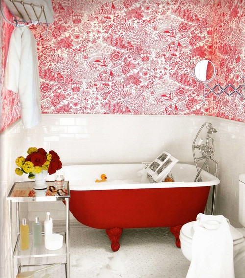 apartment therapy- red clawfoot tub eclectic bathroom