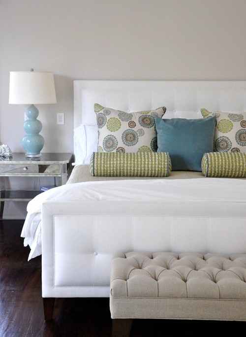 Beautiful crisp white, blue and green bedroom contemporary bedroom