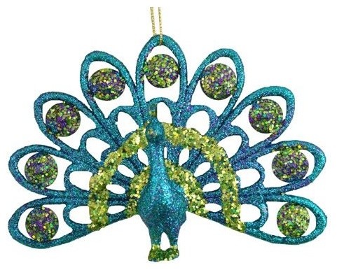 55 FanTail Regal Peacock Sparkling Mica Glitter Christmas Ornament 