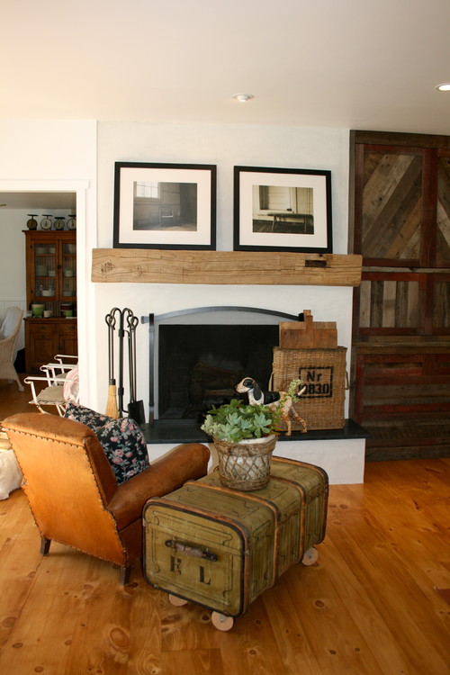 Reclaimed barnwood cabinet and mantle eclectic family room