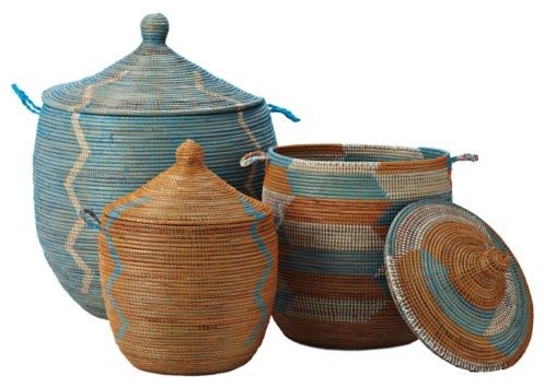 Senegalese Storage Baskets - Aqua/Orange, Set of Three traditional baskets
