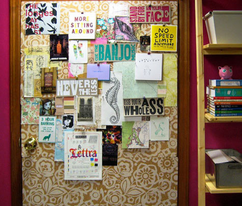 Stenciled corkboard (via Design*Sponge sneak peek: elana of rosebud design) eclectic home office