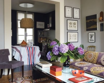 grey and purple eclectic living room