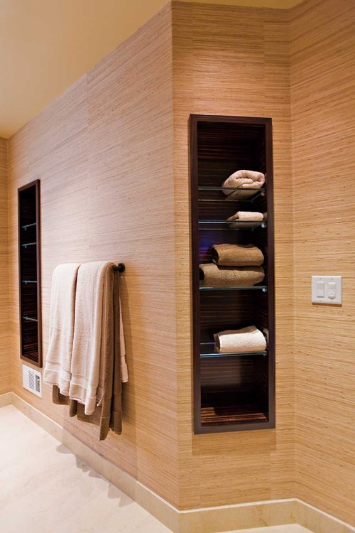 Towel Niche: custom Macassar Ebony veneer cabinetry with glass shelves eclectic bathroom