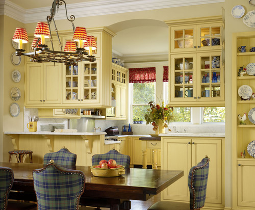 French Country Kitchens like this Breakfast Room & traditional style kitchen is beautiful. I love the red and white checked chandelier