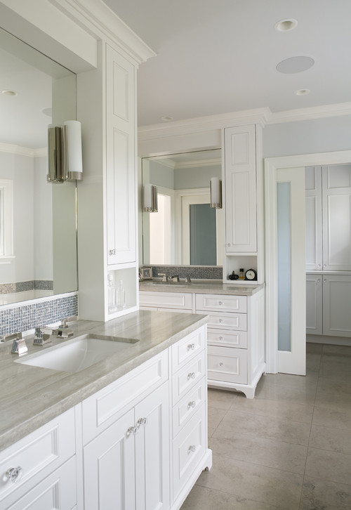 mosaic tile, marble counters, frosted glass doors traditional bathroom