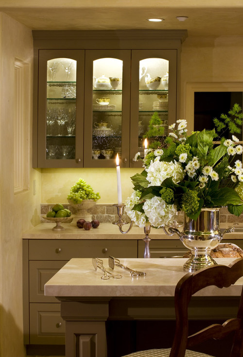 custom painted cabinets, wavy glass cabinet doors, tile backsplash mediterranean kitchen