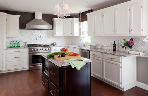White Kitchen, Stained Island with Bianco Antico Granite, Cork Floors contemporary kitchen