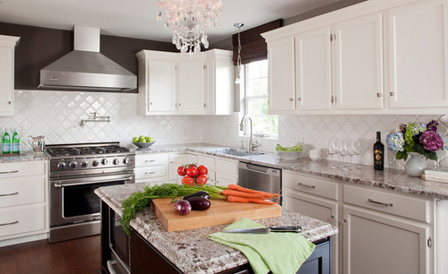 White Kitchen, Stained Island & Pantry with Bianco Antico Granite contemporary kitchen