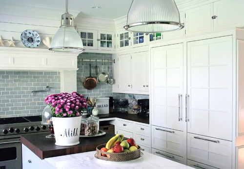 white kitchen marble countertop, sub zero, wood countertop traditional kitchen