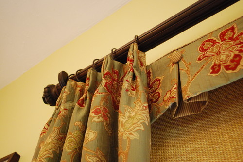 Box Pleated Valances with Buttons, Woven Roller Shades & Pleated Panels traditional family room