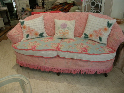 slipcovered sofa vintage chenille and roses fabrics  living room