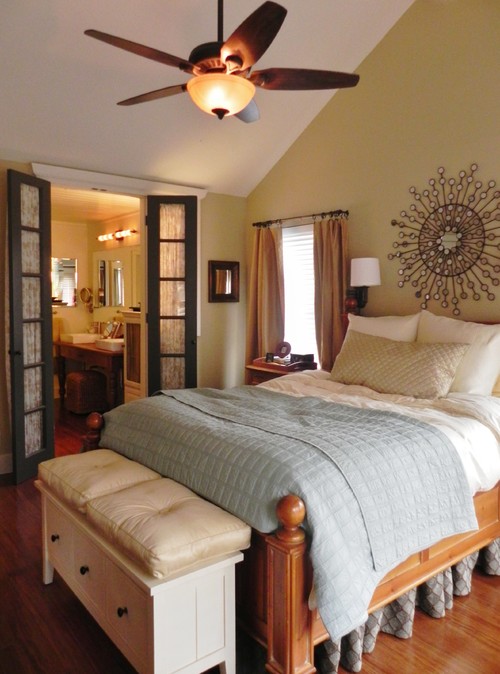 bamboo wood floors; french doors; muted colors; vaulted ceiling traditional bedroom