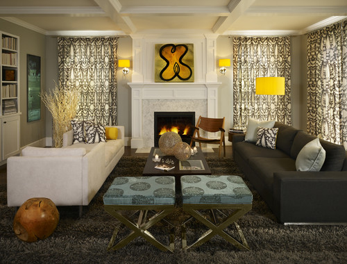 Greys with Splashes of Lemon Yellow make this family room comfy and warm contemporary family room