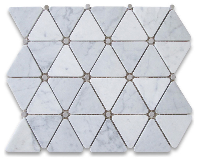 Carrara White Marble Triangle Mosaic Tile Gray Dots 2 3/4 inch Honed