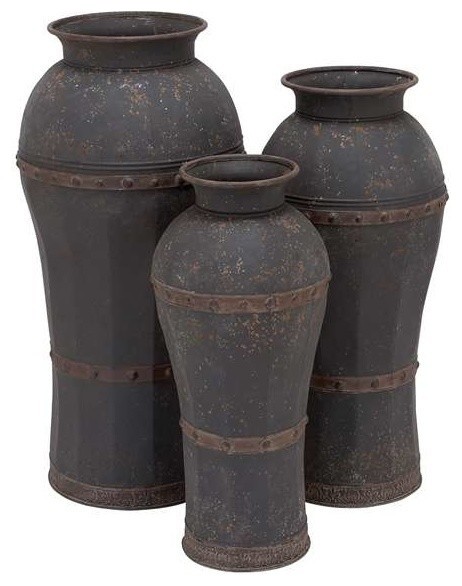 Set Of 3 Metal Vase With Antique Weathered Finish Rustic Vases By Amb Furniture And Design 8317