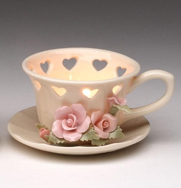 White Tea Cup TeaLight Candle Holder with Small Pink Rose Motif