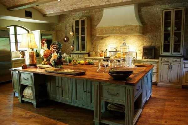 destressed finish kitchen with blue island rustic-