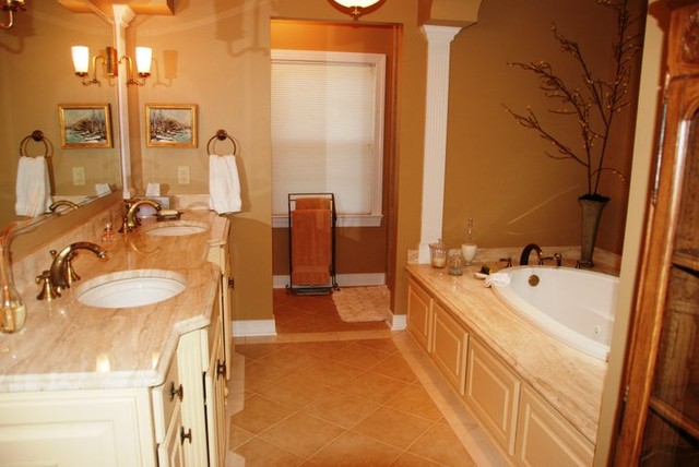 Eggnog Painted Furniture Pieces, Travertine Tops, Marble Floor traditional bathroom