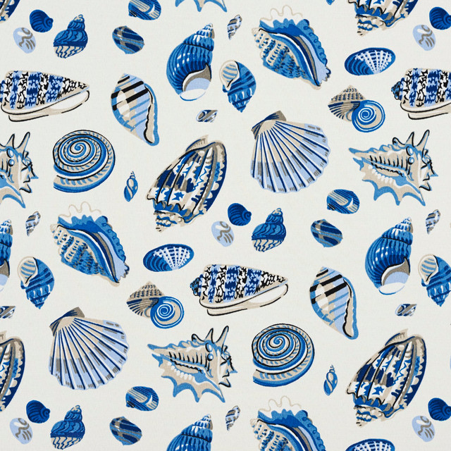 Blue and Beige Seashells Outdoor Indoor Upholstery Fabric By The Yard