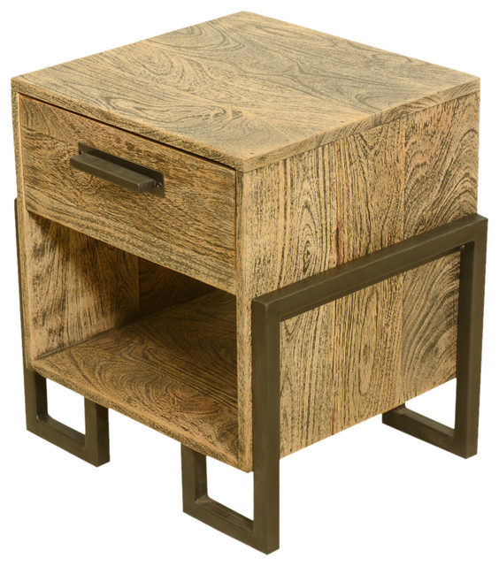 Industrial Style Rustic Solid Wood & Iron Bedside End Table With Drawer