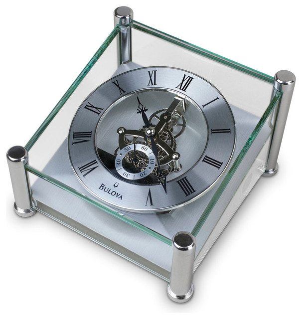 Bulova Quantum Glass Skeleton Desk Clock Contemporary Desk And Mantel Clocks by OrangeOnions
