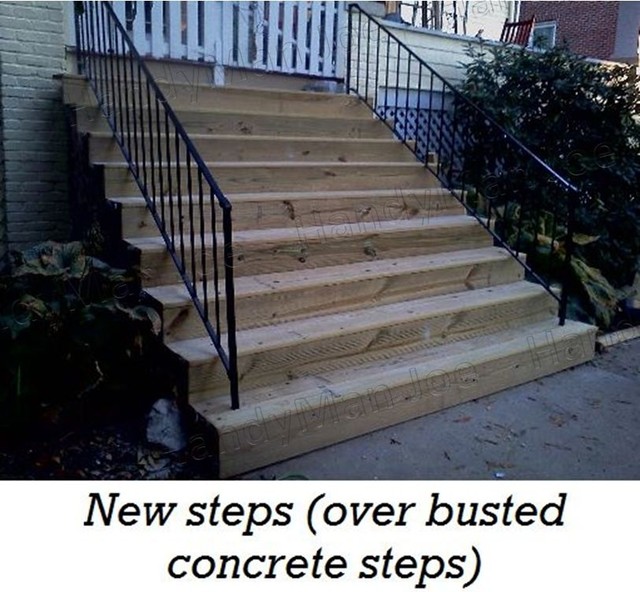 Wood steps over busted concrete steps