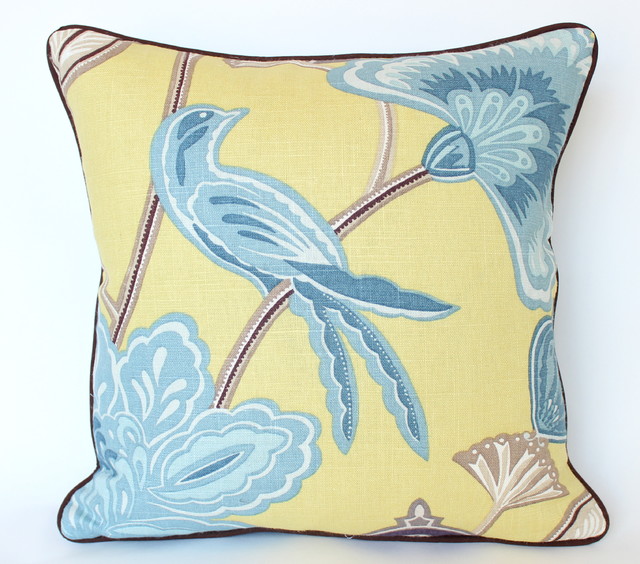 Yellow and Blue Chinoiserie Pillow with Piping Asian Decorative