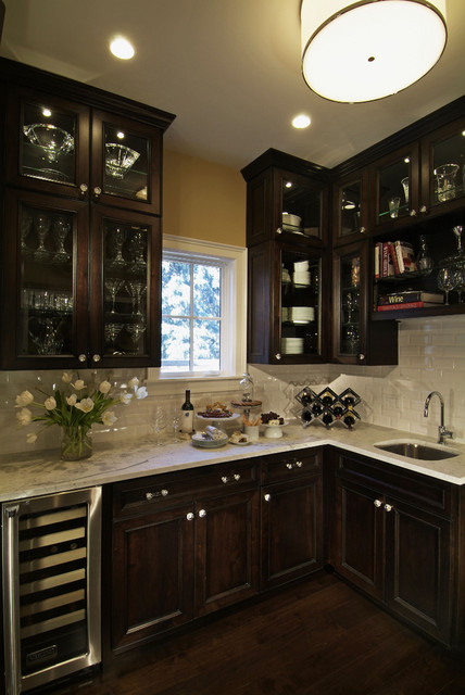 Traditional Dark Wood Kitchen Design with Glass Cabinetry - Traditional