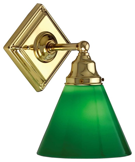 Sconces Bright Brass Square Pan Wall Sconce w/Green Cone Shade