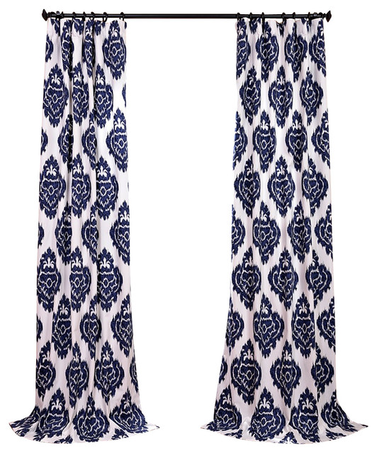 Ikat Blue Printed Cotton Curtain, 50"x96" Contemporary Curtains