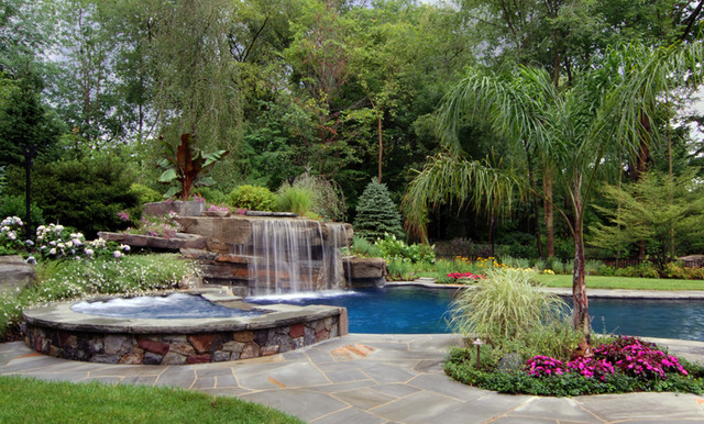 Tropical Backyard Swimming Pool Waterfall Design- Bergen County NJ ...