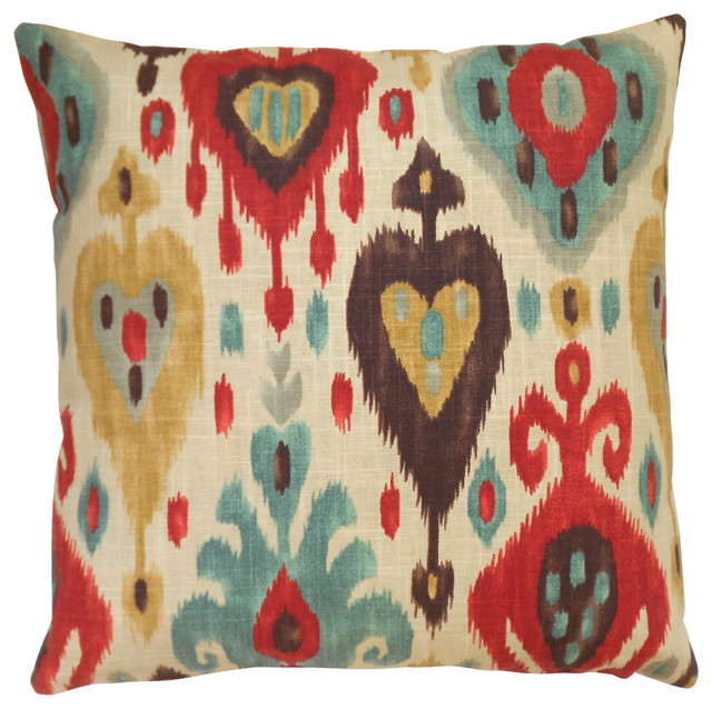 Multicolor Blue, Red, Brown And Cream Ikat Decorative Pillow Cover