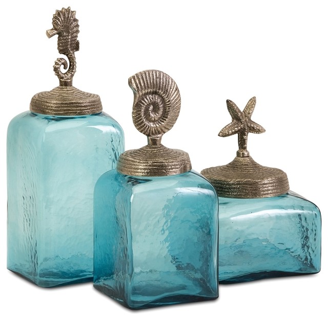 Turquoise Blue Sea Life Canisters, Set of 3 Beach Style Kitchen