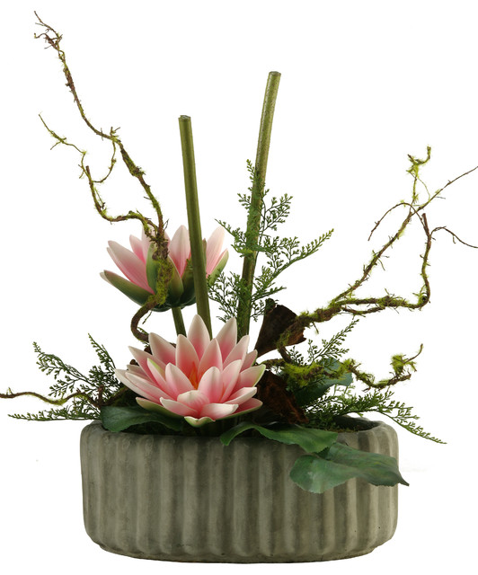 Artificial Pink Water Lily With Galax Leaves in Oval Ceramic Planter